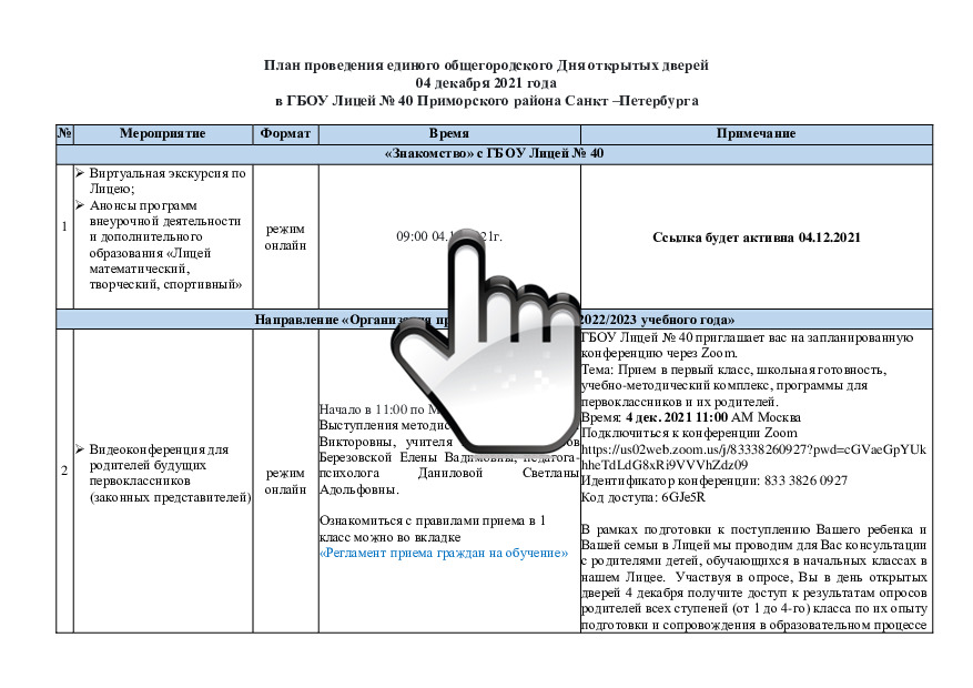 План проведения единого общегородского Дня открытых дверей 